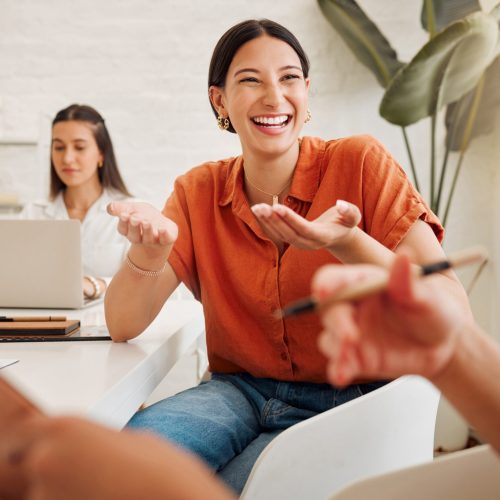 Office, business people and laughing with discussion for creative agency, share ideas and startup progress. Boardroom, employees and journalism team with conversation for news story, tips and women.