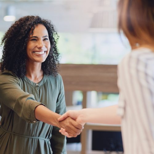 Office, businesswomen and smile with handshake for introduction, welcome and thank you for meeting. Workplace, corporate people and manager with shaking hands for agreement, b2b deal and partnership.